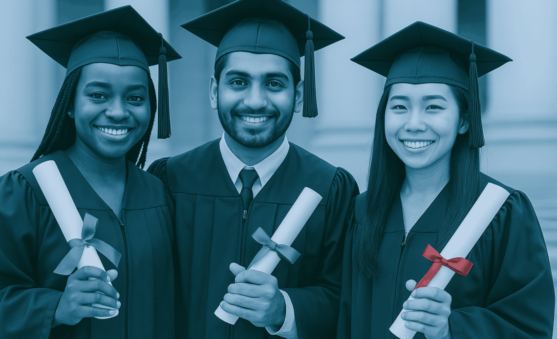 Three student holding diplomas