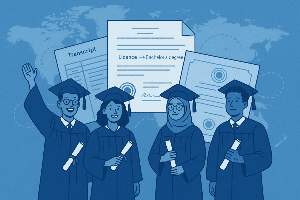 Illustration of diverse international students in graduation caps and gowns holding diplomas, standing in front of translated academic documents