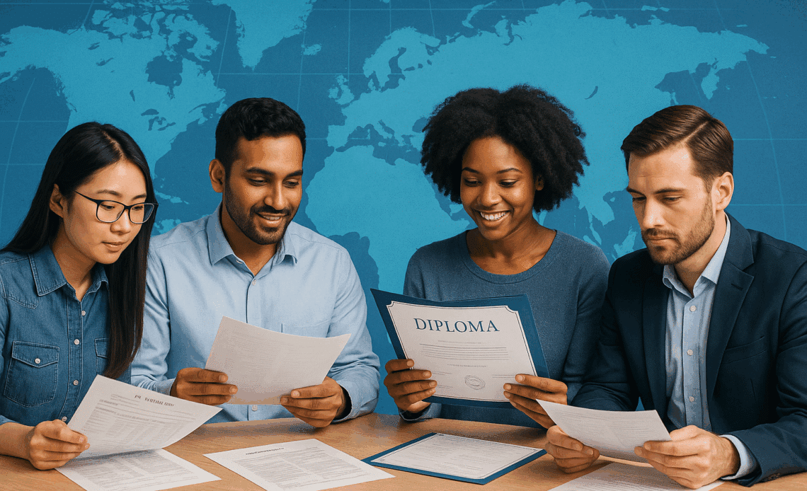 International students and professionals reviewing educational documents with a world map overlay representing global credential evaluation.
