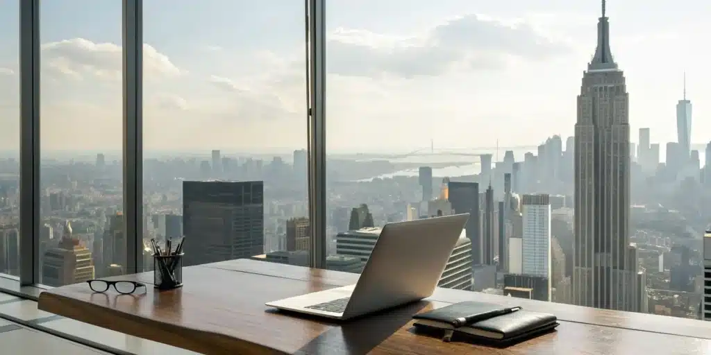 Office desk with a laptop overlooking NYC for a degree evaluation.
