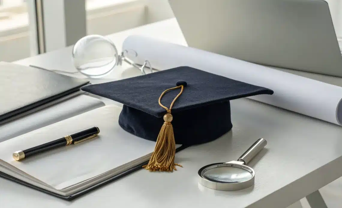 Graduation cap, diploma, and documents for an international degree evaluation.