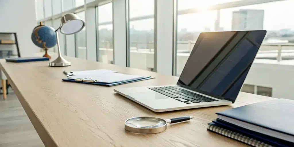 Magnifying glass reviewing documents next to a globe for a US degree equivalency.