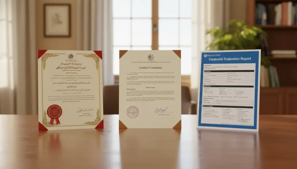 International documents being reviewed for certified translation and credential evaluation