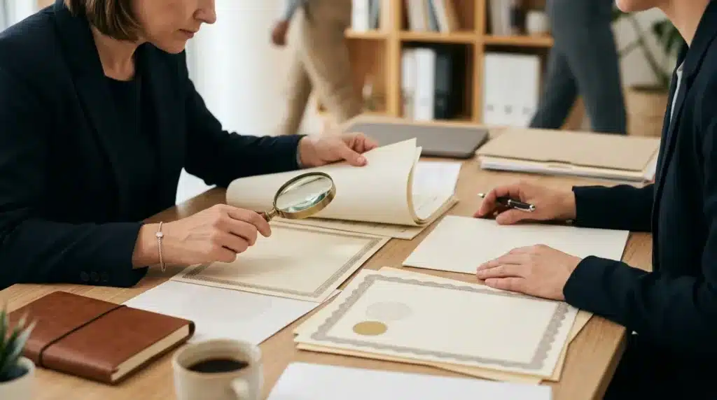 Professional reviewing international credential documents for education evaluation