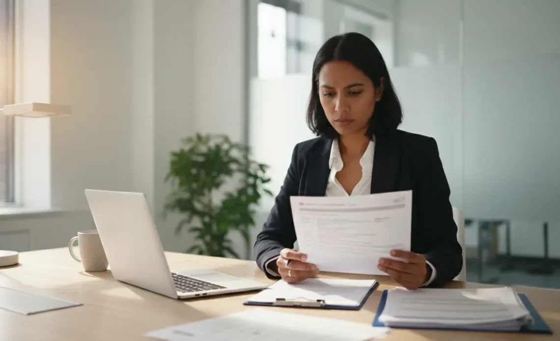 Hiring manager reviewing a foreign credential evaluation report and academic transcript at a desk