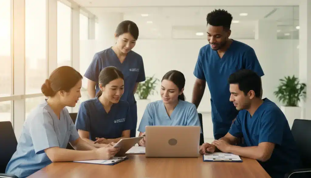 Internationally educated nurse reviewing credential evaluation documents for U.S. licensure