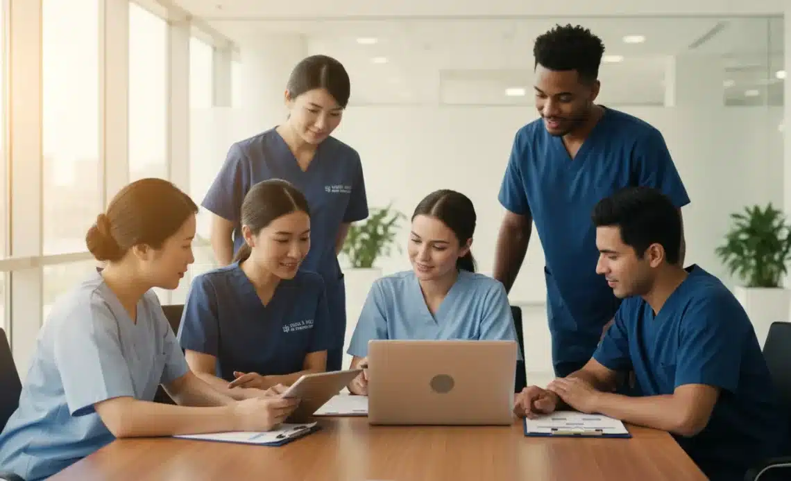 Internationally educated nurse reviewing credential evaluation documents for U.S. licensure