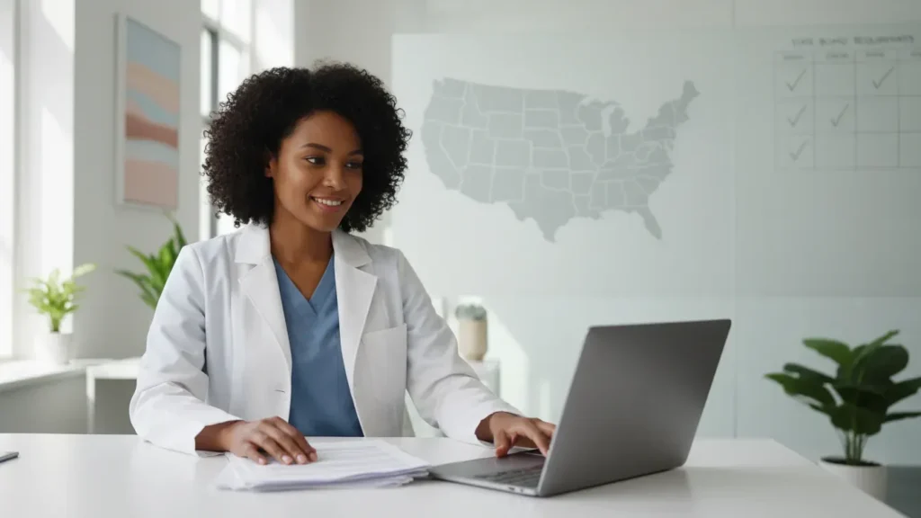 Internationally educated nurse reviewing nursing credential evaluation by state requirements