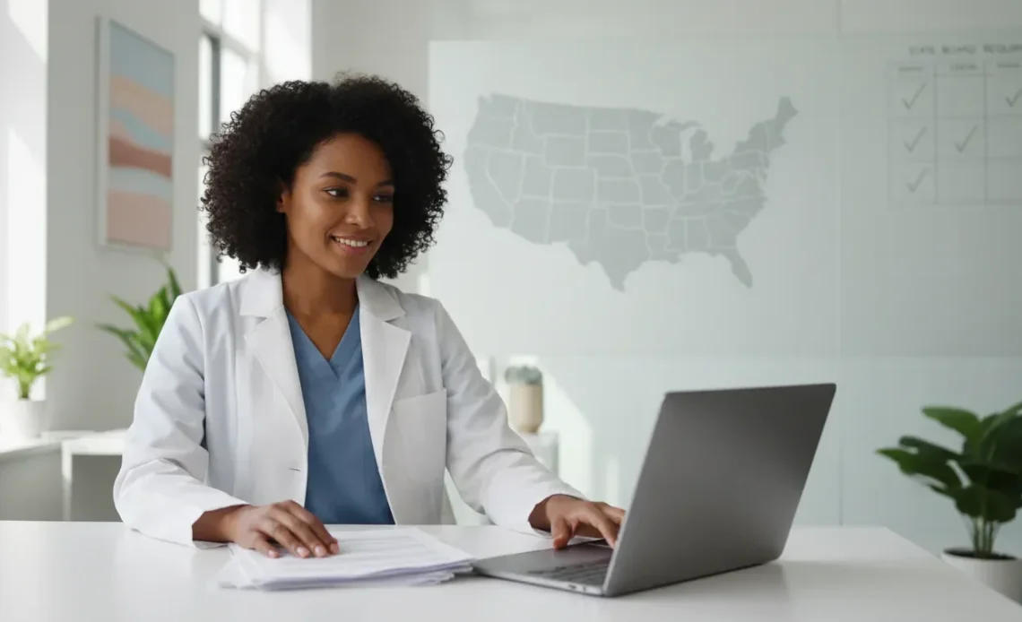 Internationally educated nurse reviewing nursing credential evaluation by state requirements