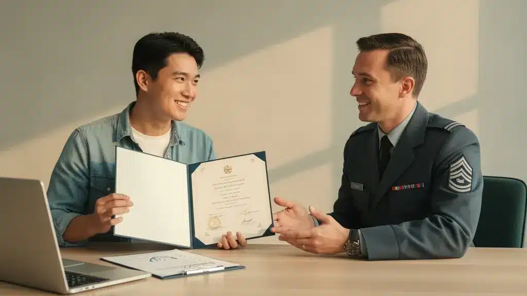 Applicant reviewing documents for a credential evaluation for military service