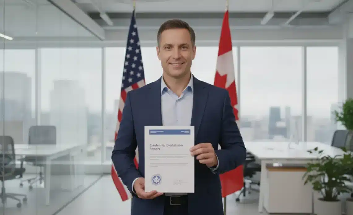 Canadian professional reviewing credential evaluation document for US work visa