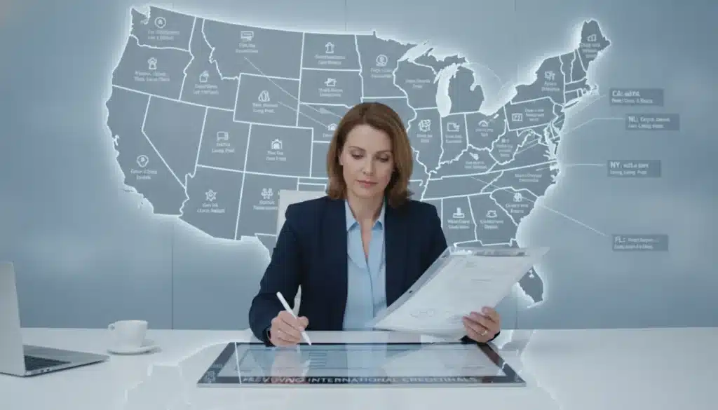US map showing different state teacher certification requirements with credential evaluation documents