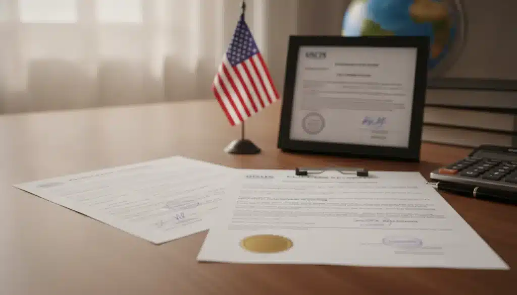 Professional credential evaluation documents with USCIS approval papers and American flag background