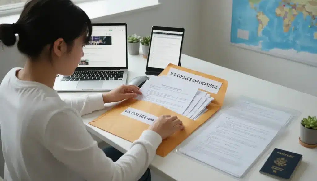 International student organizing high school transcripts for U.S. college admission