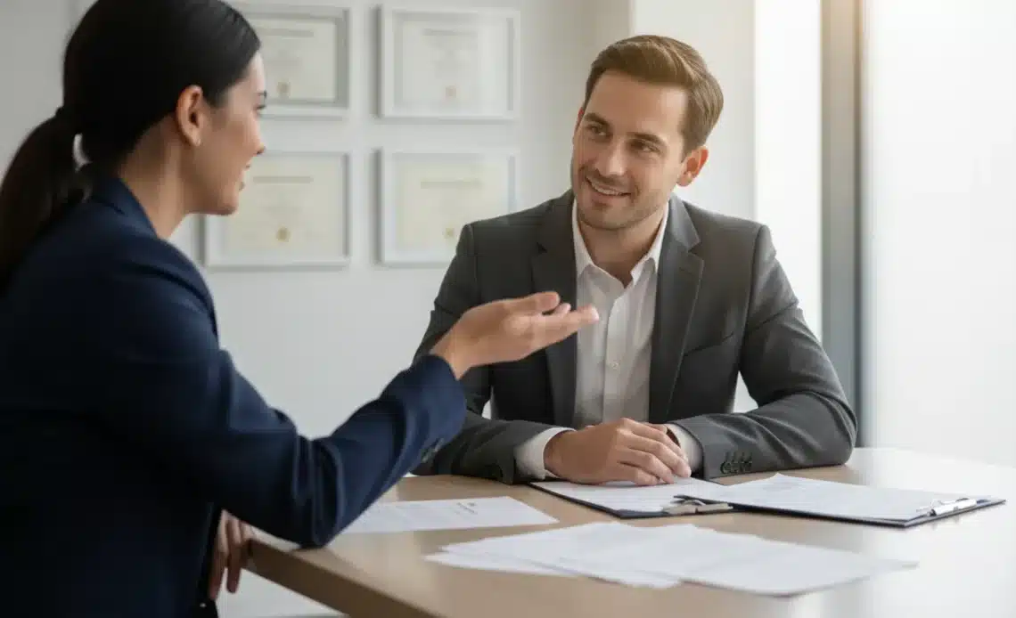 Career advisor helping an international professional with credential documents