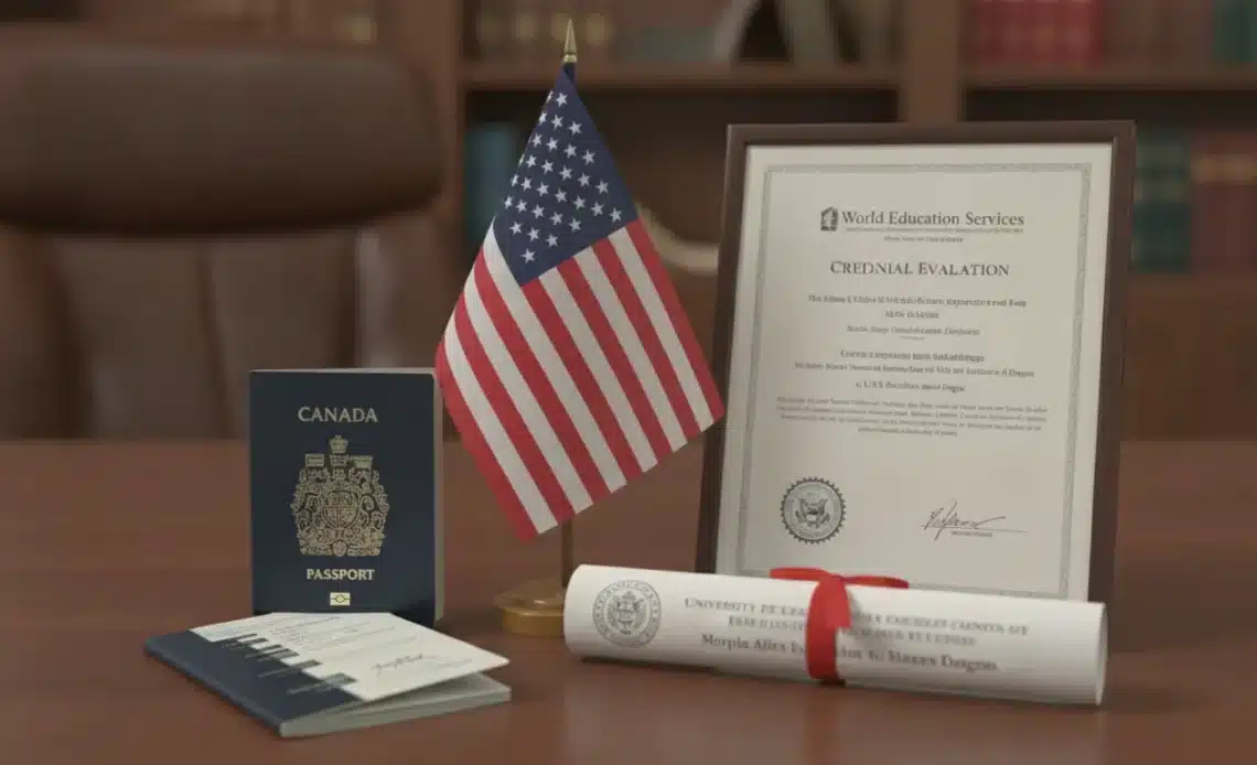 Canadian passport and diploma next to US flag and credential evaluation document