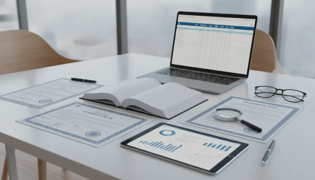 Credential evaluation documents and laptop for MBA admission review.