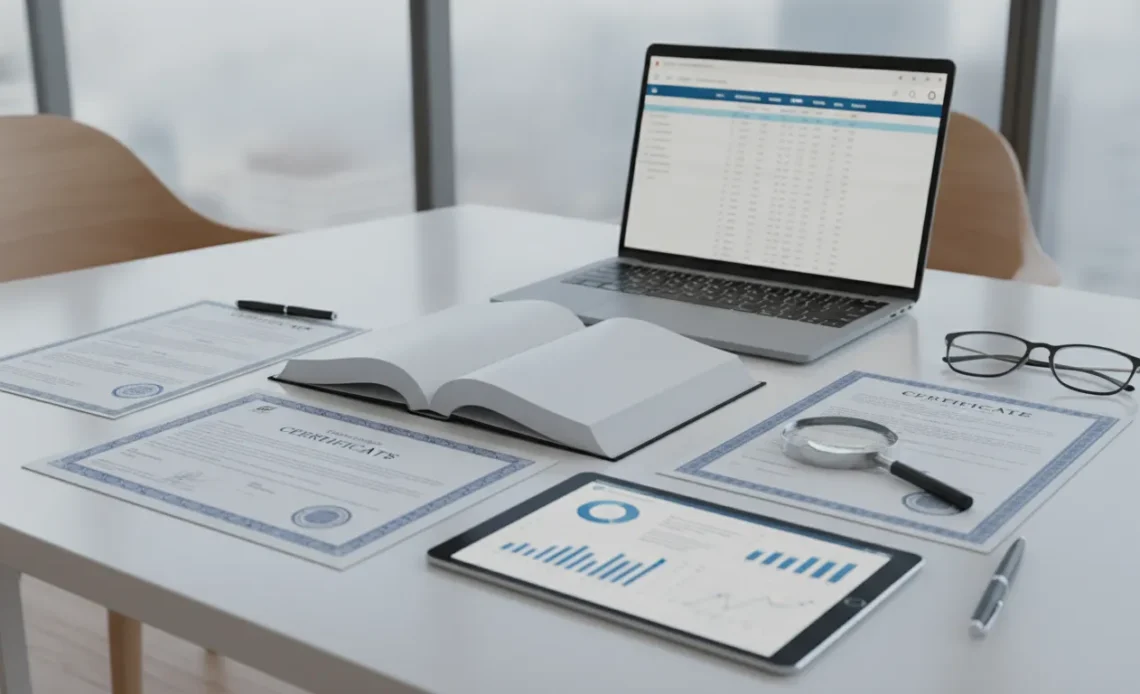 Credential evaluation documents and laptop for MBA admission review.