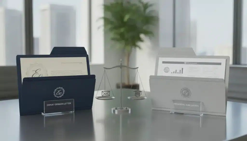 Expert opinion letter vs. credential evaluation folders beside scales on a desk.